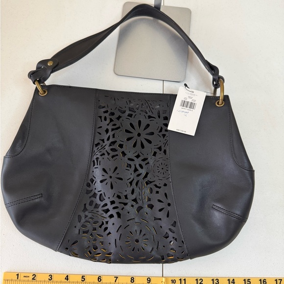 Via Spiga Yvette Black Laser Cut Genuine Cow Leather Elegant Shoulder Bag Rustic - Picture 8 of 12